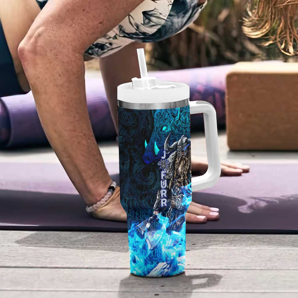Jofurr Boar Warrior Viking Tumbler With Handle Frost Viking Runes Blue Flame