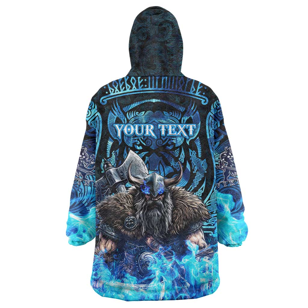 Jofurr Boar Warrior Viking Wearable Blanket Hoodie Frost Viking Runes Blue Flame