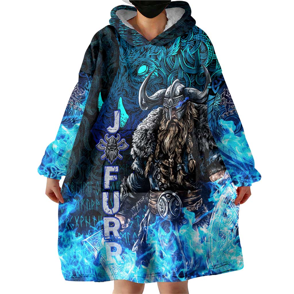 Jofurr Boar Warrior Viking Wearable Blanket Hoodie Frost Viking Runes Blue Flame