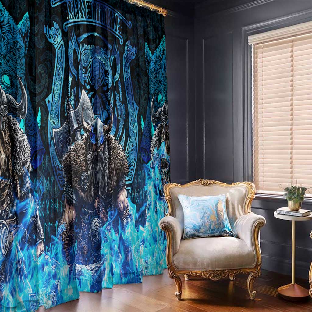 Jofurr Boar Warrior Viking Window Curtain Frost Viking Runes Blue Flame
