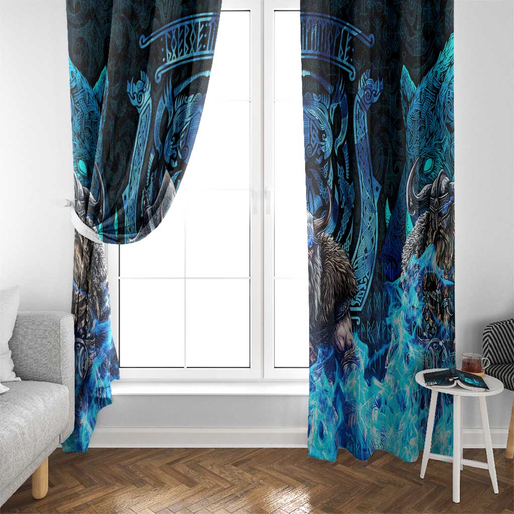 Jofurr Boar Warrior Viking Window Curtain Frost Viking Runes Blue Flame