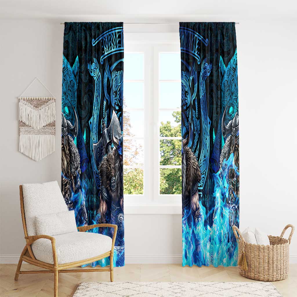 Jofurr Boar Warrior Viking Window Curtain Frost Viking Runes Blue Flame