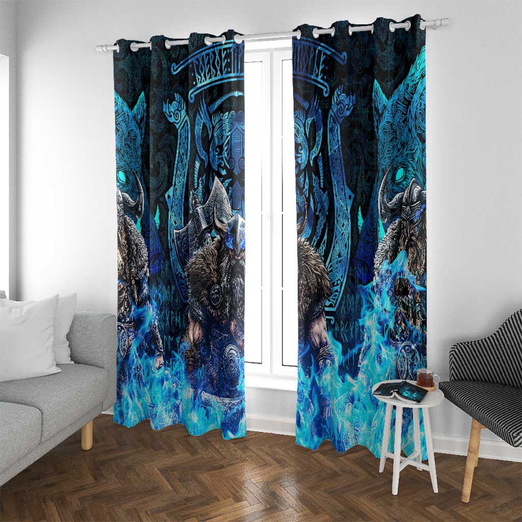Jofurr Boar Warrior Viking Window Curtain Frost Viking Runes Blue Flame