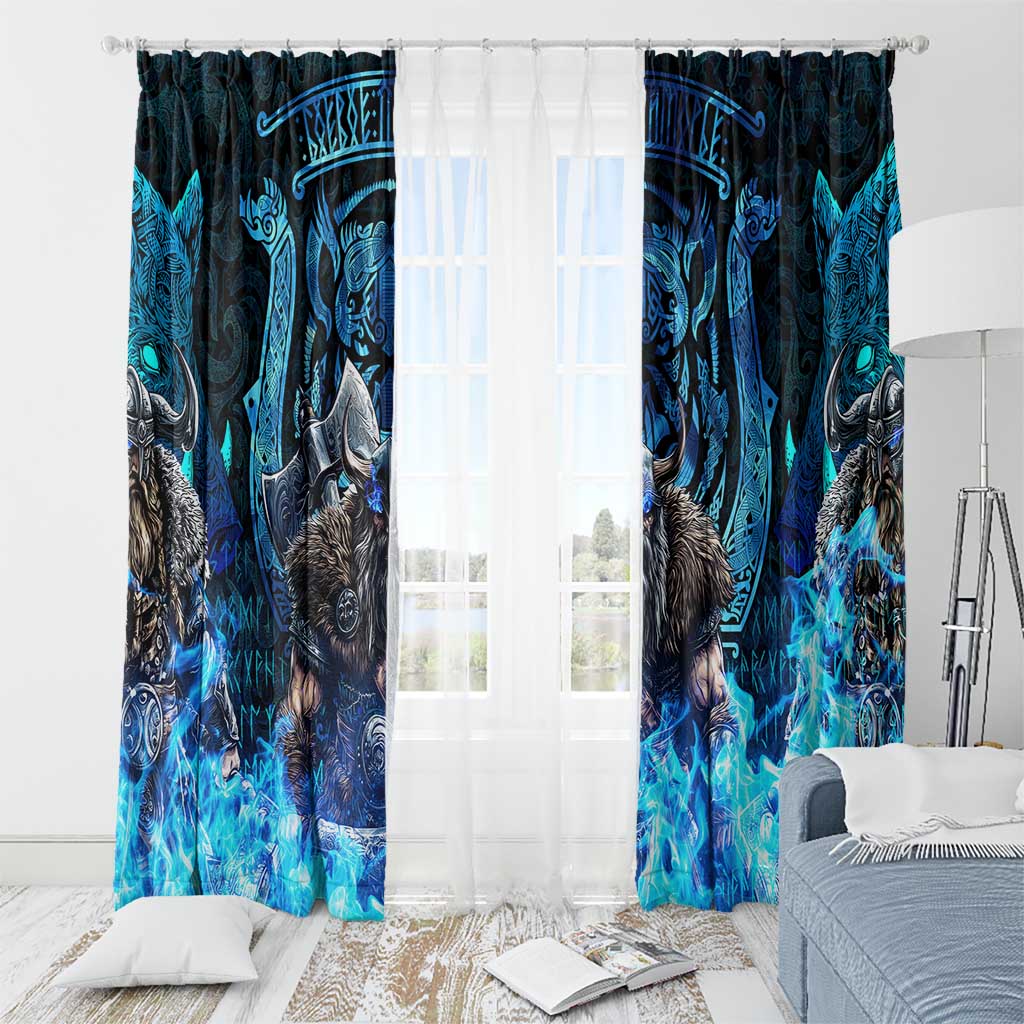 Jofurr Boar Warrior Viking Window Curtain Frost Viking Runes Blue Flame