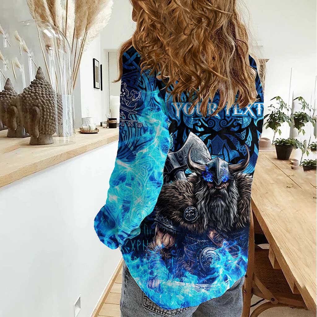 Jofurr Boar Warrior Viking Women Casual Shirt Frost Viking Runes Blue Flame