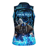 Jofurr Boar Warrior Viking Women Sleeveless Polo Shirt Frost Viking Runes Blue Flame