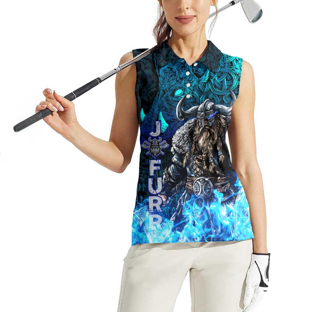 Jofurr Boar Warrior Viking Women Sleeveless Polo Shirt Frost Viking Runes Blue Flame