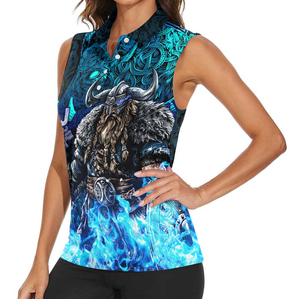 Jofurr Boar Warrior Viking Women Sleeveless Polo Shirt Frost Viking Runes Blue Flame