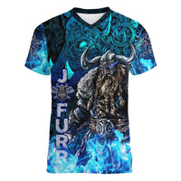 Jofurr Boar Warrior Viking Women V-Neck T-Shirt Frost Viking Runes Blue Flame