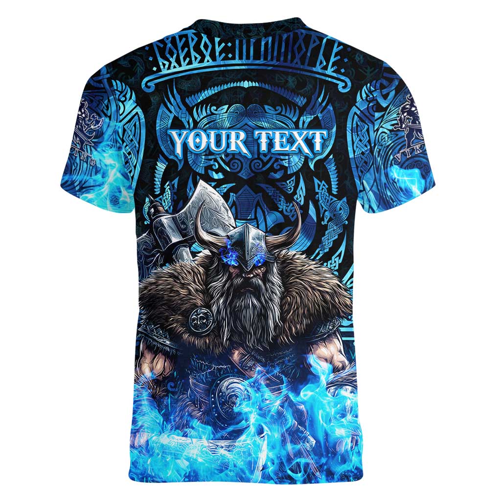 Jofurr Boar Warrior Viking Women V-Neck T-Shirt Frost Viking Runes Blue Flame