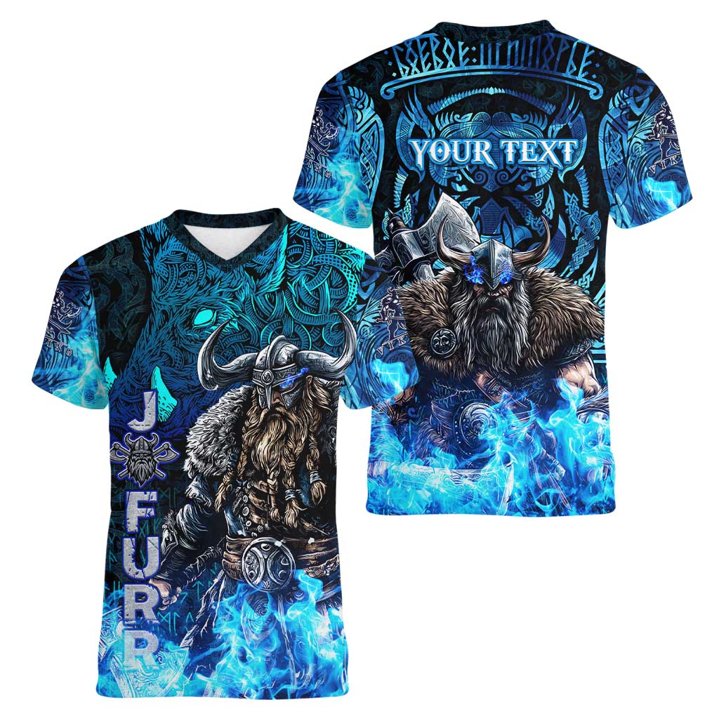 Jofurr Boar Warrior Viking Women V-Neck T-Shirt Frost Viking Runes Blue Flame