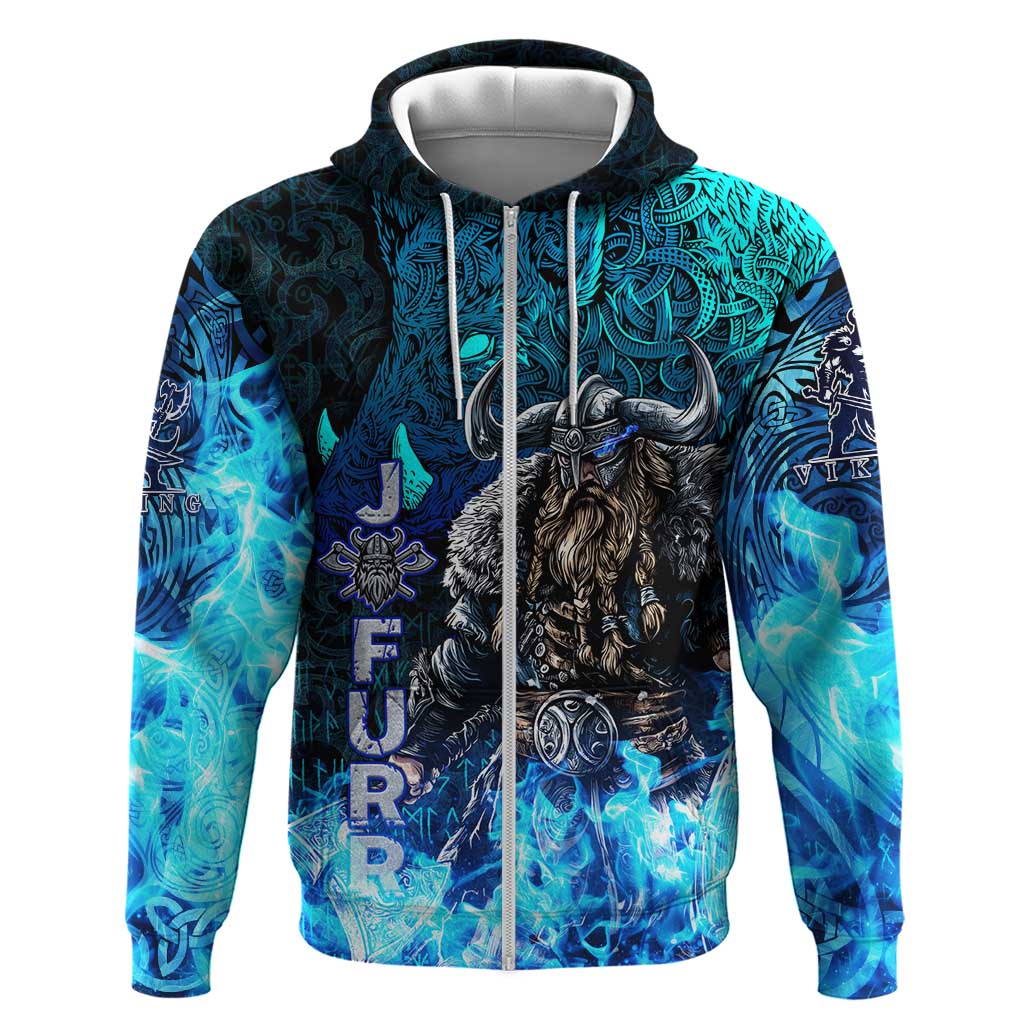 Jofurr Boar Warrior Viking Zip Hoodie Frost Viking Runes Blue Flame