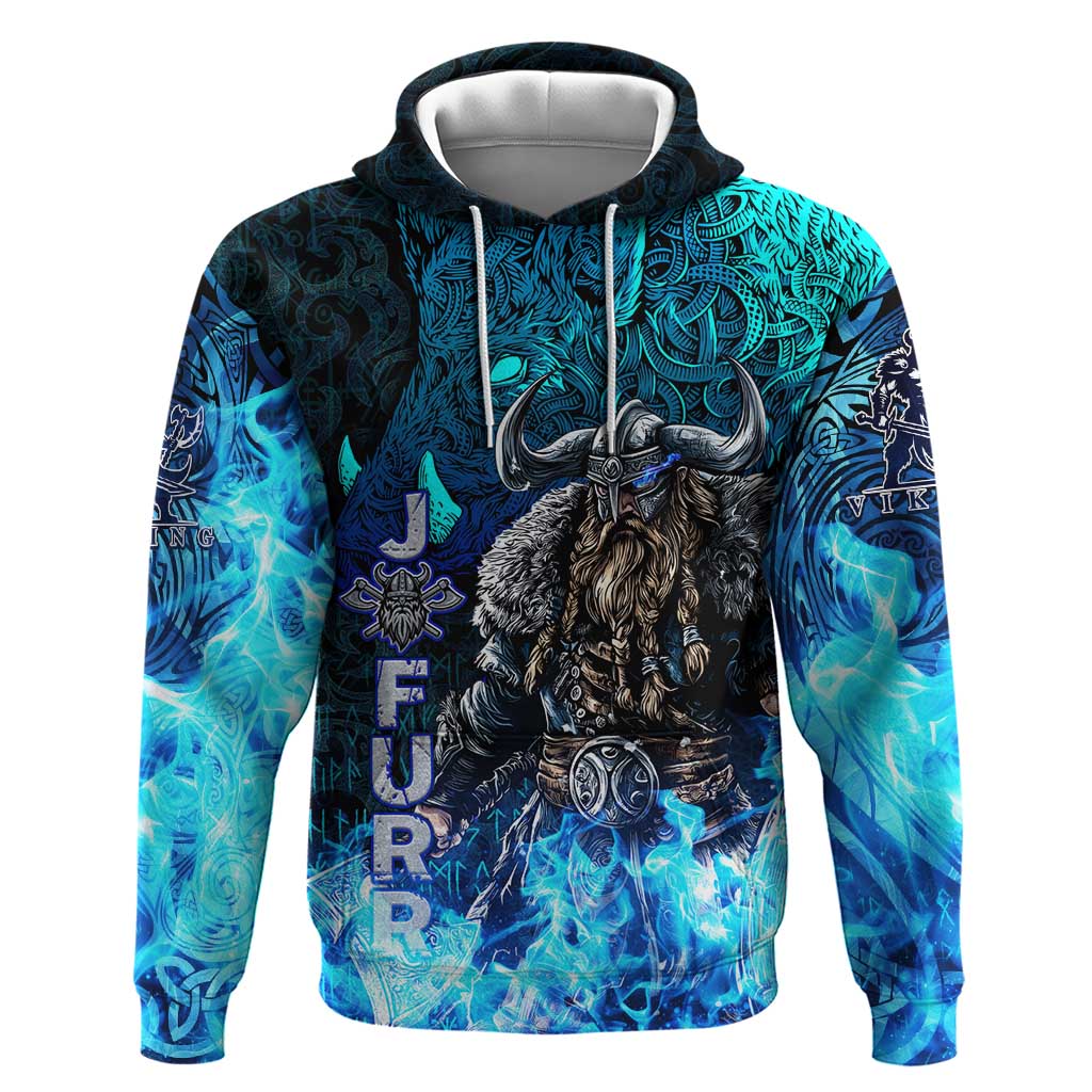 Jofurr Boar Warrior Viking Zip Hoodie Frost Viking Runes Blue Flame