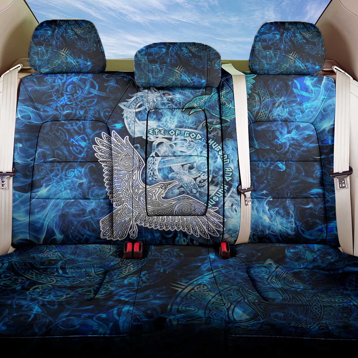 Eye of God Huginn and Muninn Viking Back Car Seat Cover Odin Ravens in Frostflame and Runeflight Style