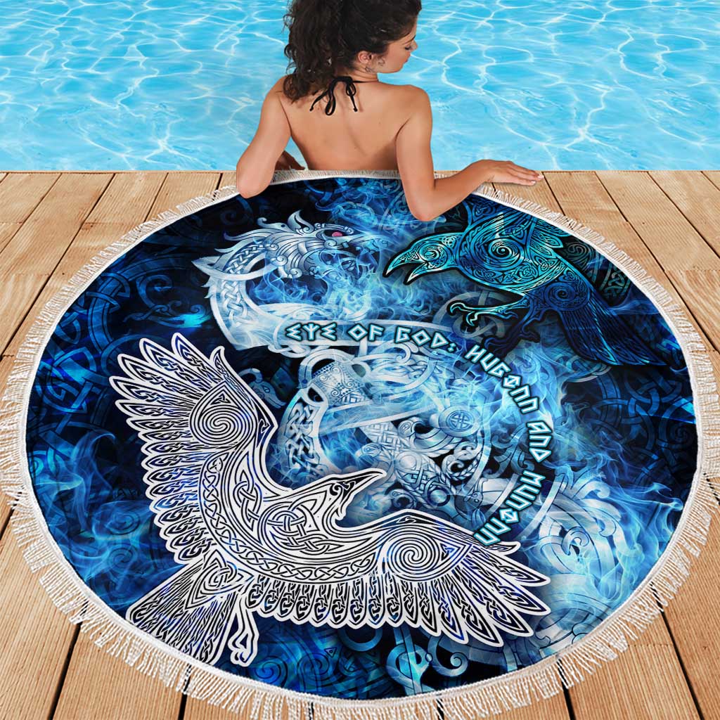 Eye of God Huginn and Muninn Viking Beach Blanket Odin Ravens in Frostflame and Runeflight Style