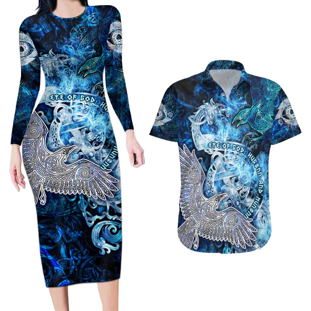 Eye of God Huginn and Muninn Viking Couples Matching Long Sleeve Bodycon Dress and Hawaiian Shirt Odin Ravens in Frostflame and Runeflight Style