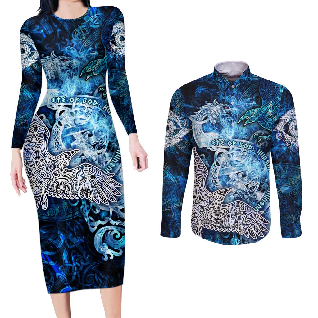 Eye of God Huginn and Muninn Viking Couples Matching Long Sleeve Bodycon Dress and Long Sleeve Button Shirt Odin Ravens in Frostflame and Runeflight Style