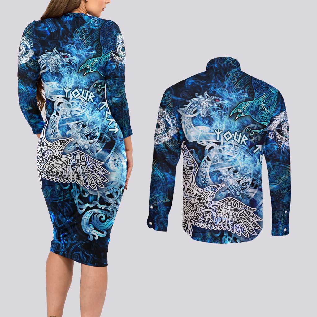 Eye of God Huginn and Muninn Viking Couples Matching Long Sleeve Bodycon Dress and Long Sleeve Button Shirt Odin Ravens in Frostflame and Runeflight Style