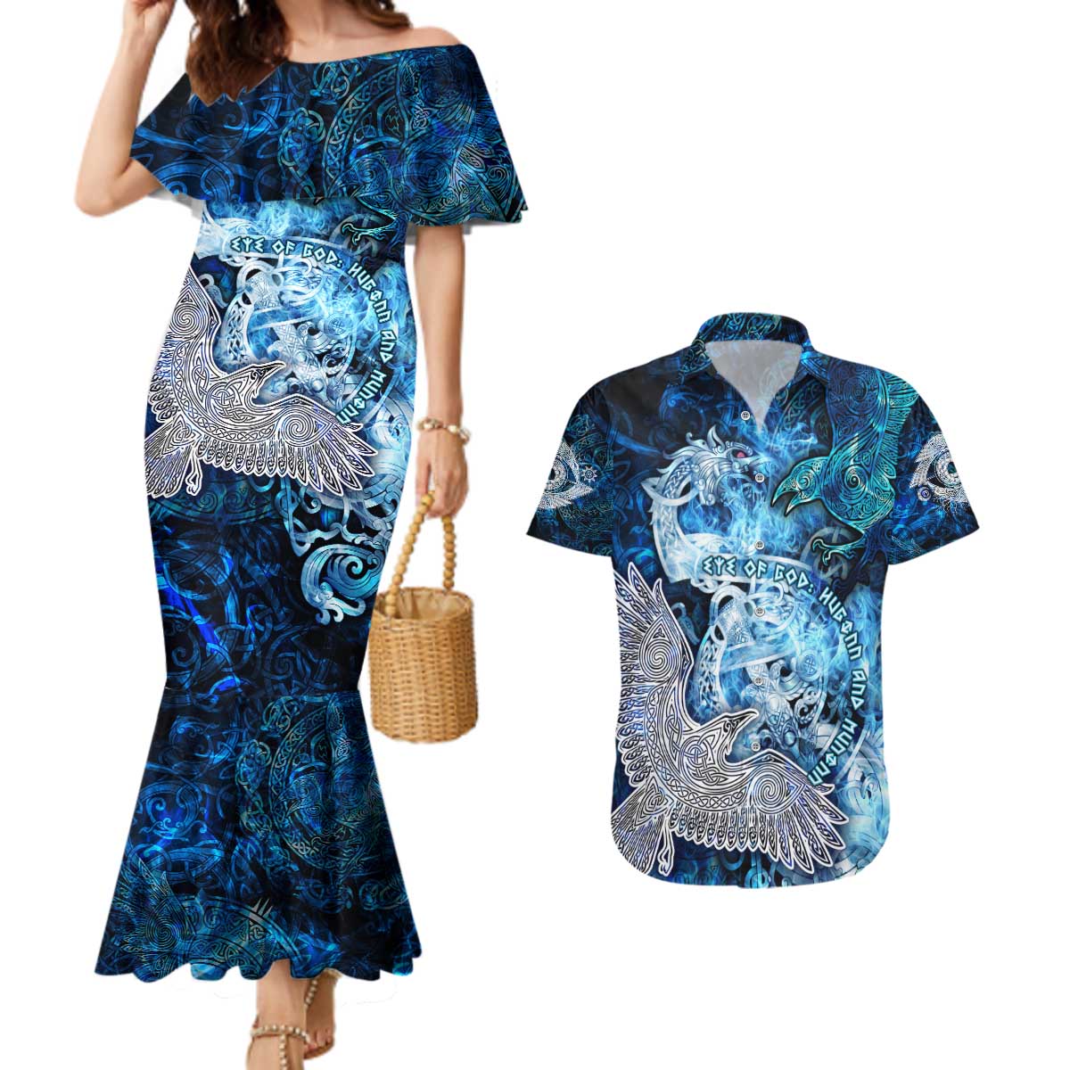 Eye of God Huginn and Muninn Viking Couples Matching Mermaid Dress and Hawaiian Shirt Odin Ravens in Frostflame and Runeflight Style