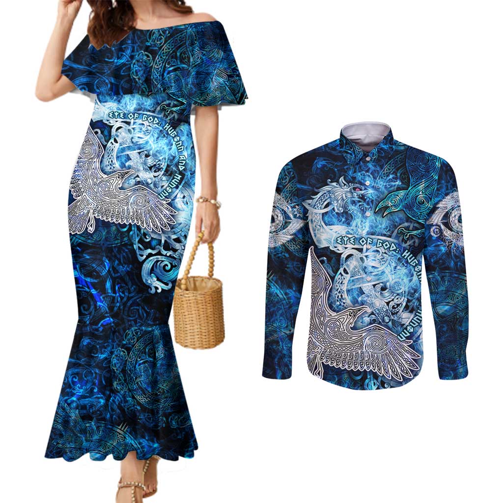 Eye of God Huginn and Muninn Viking Couples Matching Mermaid Dress and Long Sleeve Button Shirt Odin Ravens in Frostflame and Runeflight Style
