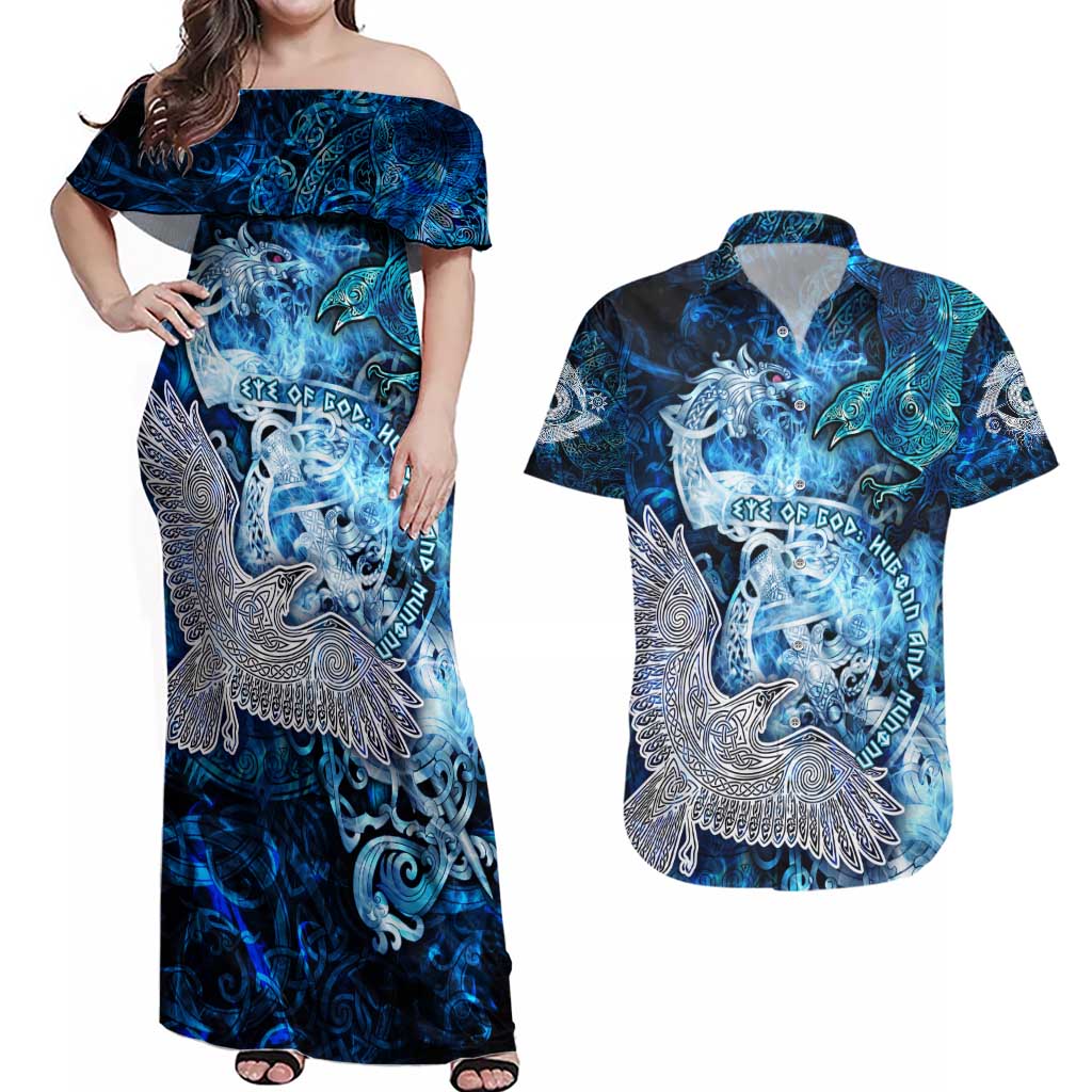 Eye of God Huginn and Muninn Viking Couples Matching Off Shoulder Maxi Dress and Hawaiian Shirt Odin Ravens in Frostflame and Runeflight Style