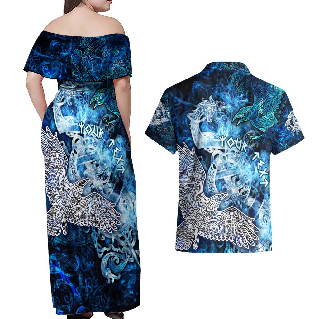 Eye of God Huginn and Muninn Viking Couples Matching Off Shoulder Maxi Dress and Hawaiian Shirt Odin Ravens in Frostflame and Runeflight Style