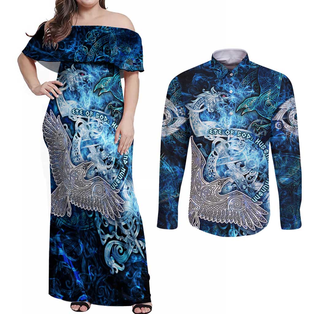 Eye of God Huginn and Muninn Viking Couples Matching Off Shoulder Maxi Dress and Long Sleeve Button Shirt Odin Ravens in Frostflame and Runeflight Style