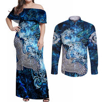 Eye of God Huginn and Muninn Viking Couples Matching Off Shoulder Maxi Dress and Long Sleeve Button Shirt Odin Ravens in Frostflame and Runeflight Style