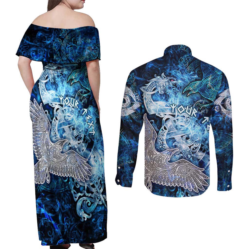Eye of God Huginn and Muninn Viking Couples Matching Off Shoulder Maxi Dress and Long Sleeve Button Shirt Odin Ravens in Frostflame and Runeflight Style