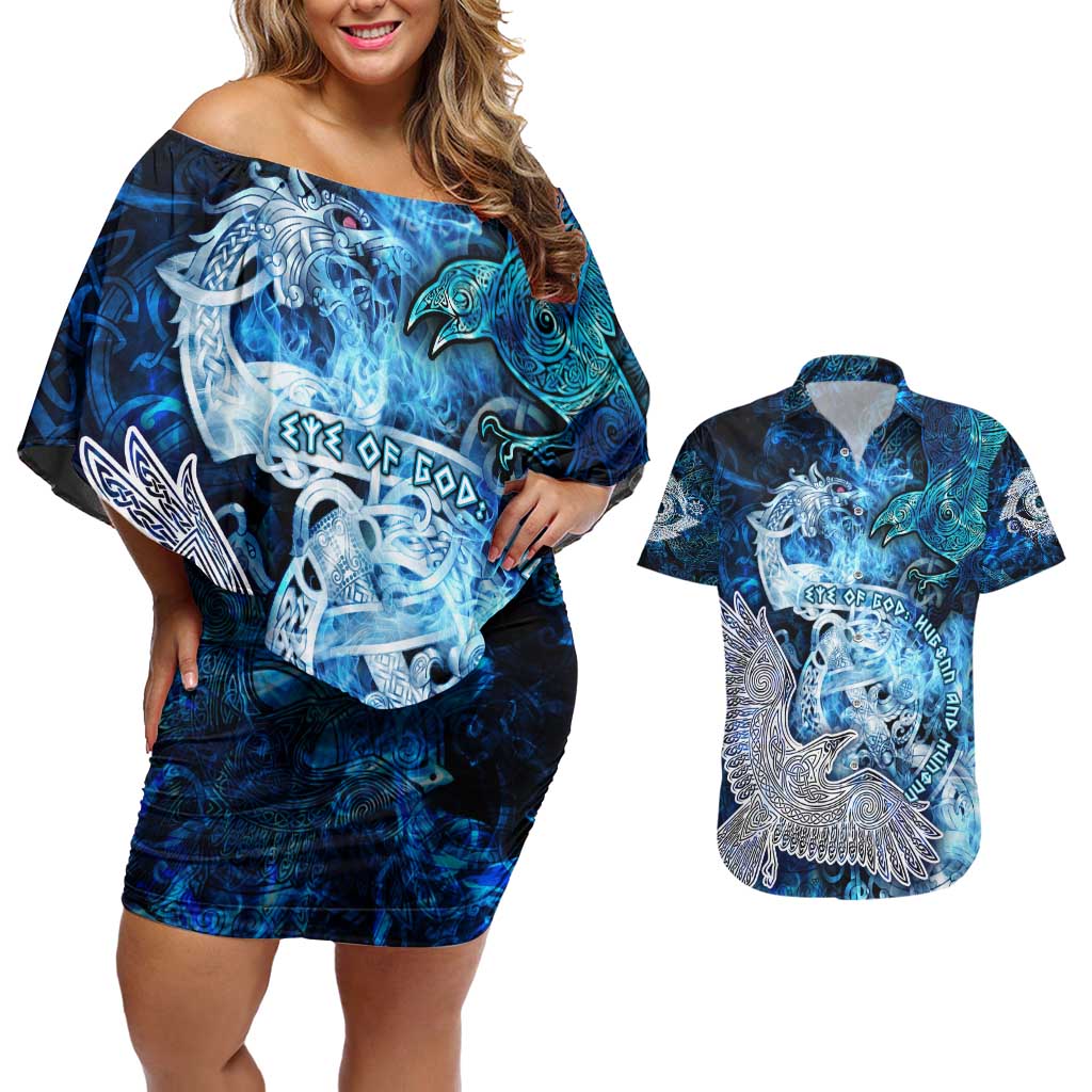 Eye of God Huginn and Muninn Viking Couples Matching Off Shoulder Short Dress and Hawaiian Shirt Odin Ravens in Frostflame and Runeflight Style
