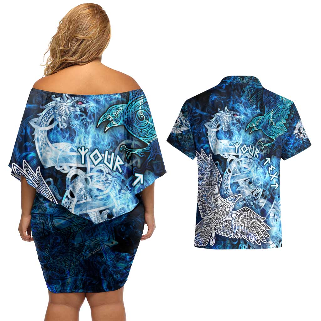 Eye of God Huginn and Muninn Viking Couples Matching Off Shoulder Short Dress and Hawaiian Shirt Odin Ravens in Frostflame and Runeflight Style