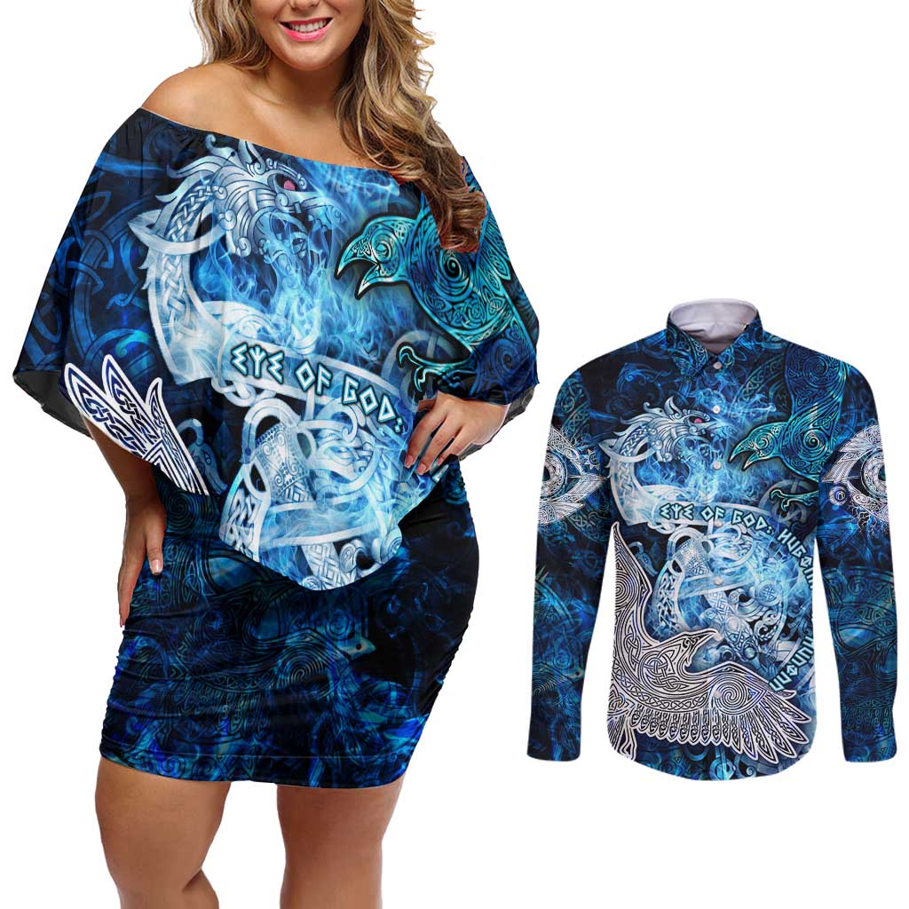 Eye of God Huginn and Muninn Viking Couples Matching Off Shoulder Short Dress and Long Sleeve Button Shirt Odin Ravens in Frostflame and Runeflight Style