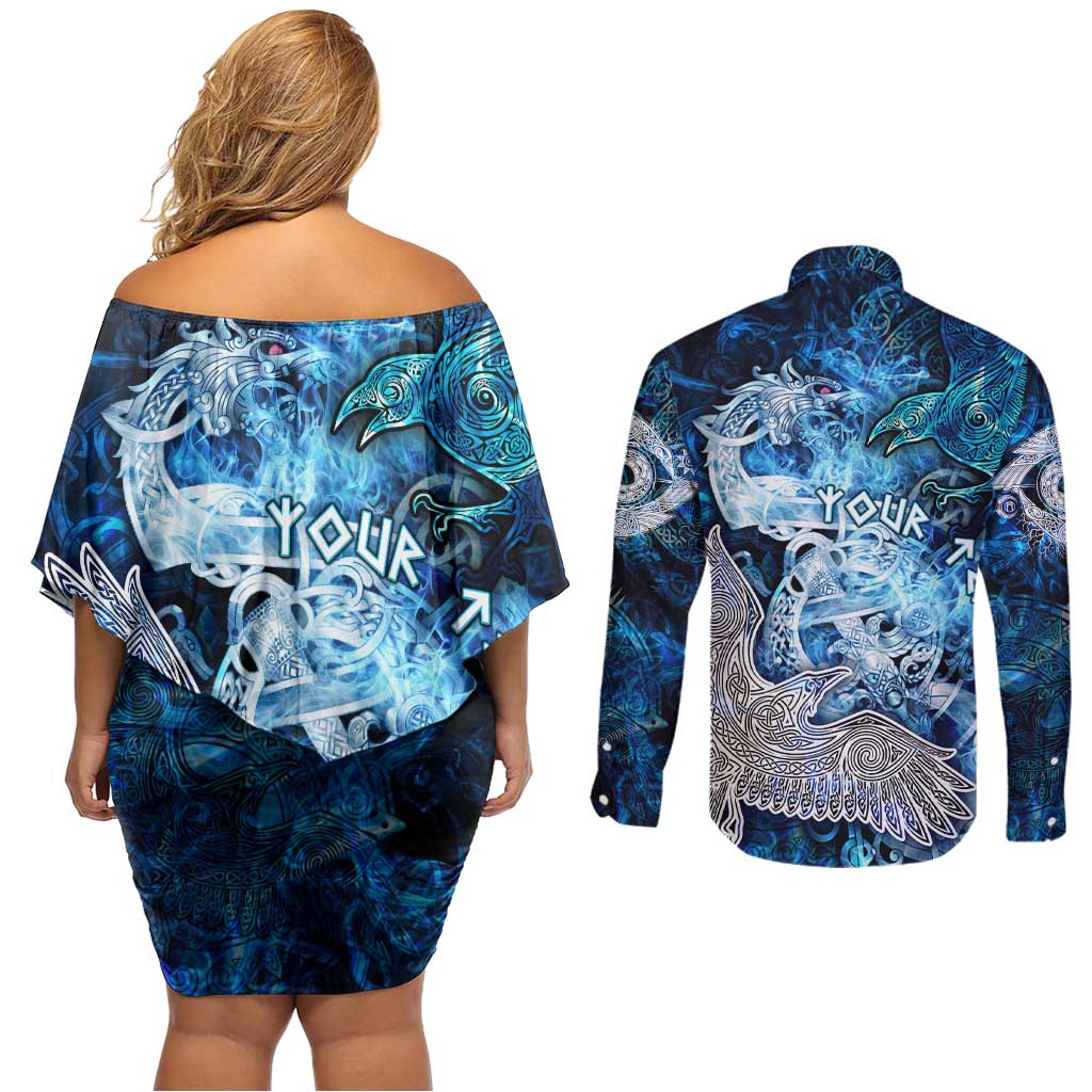 Eye of God Huginn and Muninn Viking Couples Matching Off Shoulder Short Dress and Long Sleeve Button Shirt Odin Ravens in Frostflame and Runeflight Style
