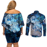 Eye of God Huginn and Muninn Viking Couples Matching Off Shoulder Short Dress and Long Sleeve Button Shirt Odin Ravens in Frostflame and Runeflight Style