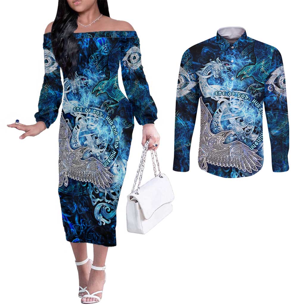 Eye of God Huginn and Muninn Viking Couples Matching Off The Shoulder Long Sleeve Dress and Long Sleeve Button Shirt Odin Ravens in Frostflame and Runeflight Style