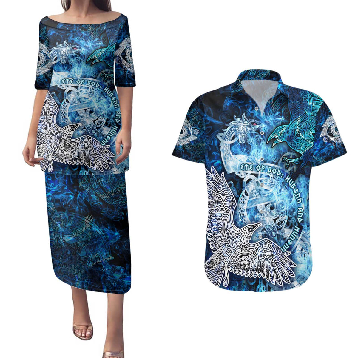 Eye of God Huginn and Muninn Viking Couples Matching Puletasi and Hawaiian Shirt Odin Ravens in Frostflame and Runeflight Style