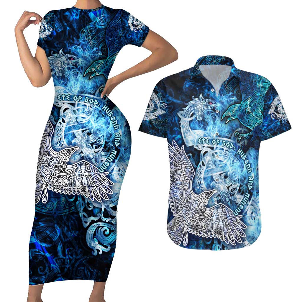 Eye of God Huginn and Muninn Viking Couples Matching Short Sleeve Bodycon Dress and Hawaiian Shirt Odin Ravens in Frostflame and Runeflight Style