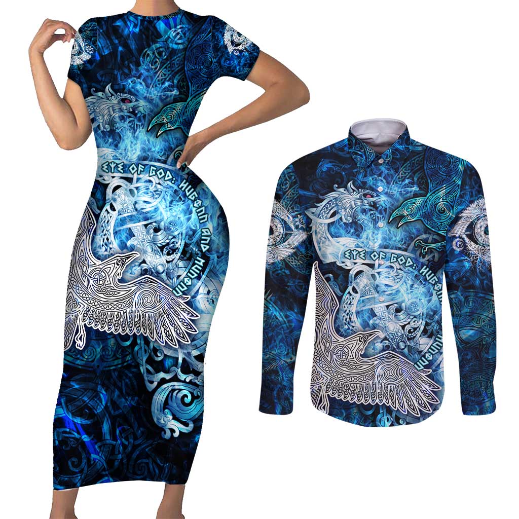 Eye of God Huginn and Muninn Viking Couples Matching Short Sleeve Bodycon Dress and Long Sleeve Button Shirt Odin Ravens in Frostflame and Runeflight Style