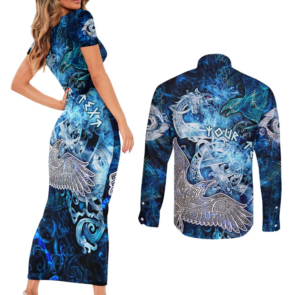 Eye of God Huginn and Muninn Viking Couples Matching Short Sleeve Bodycon Dress and Long Sleeve Button Shirt Odin Ravens in Frostflame and Runeflight Style