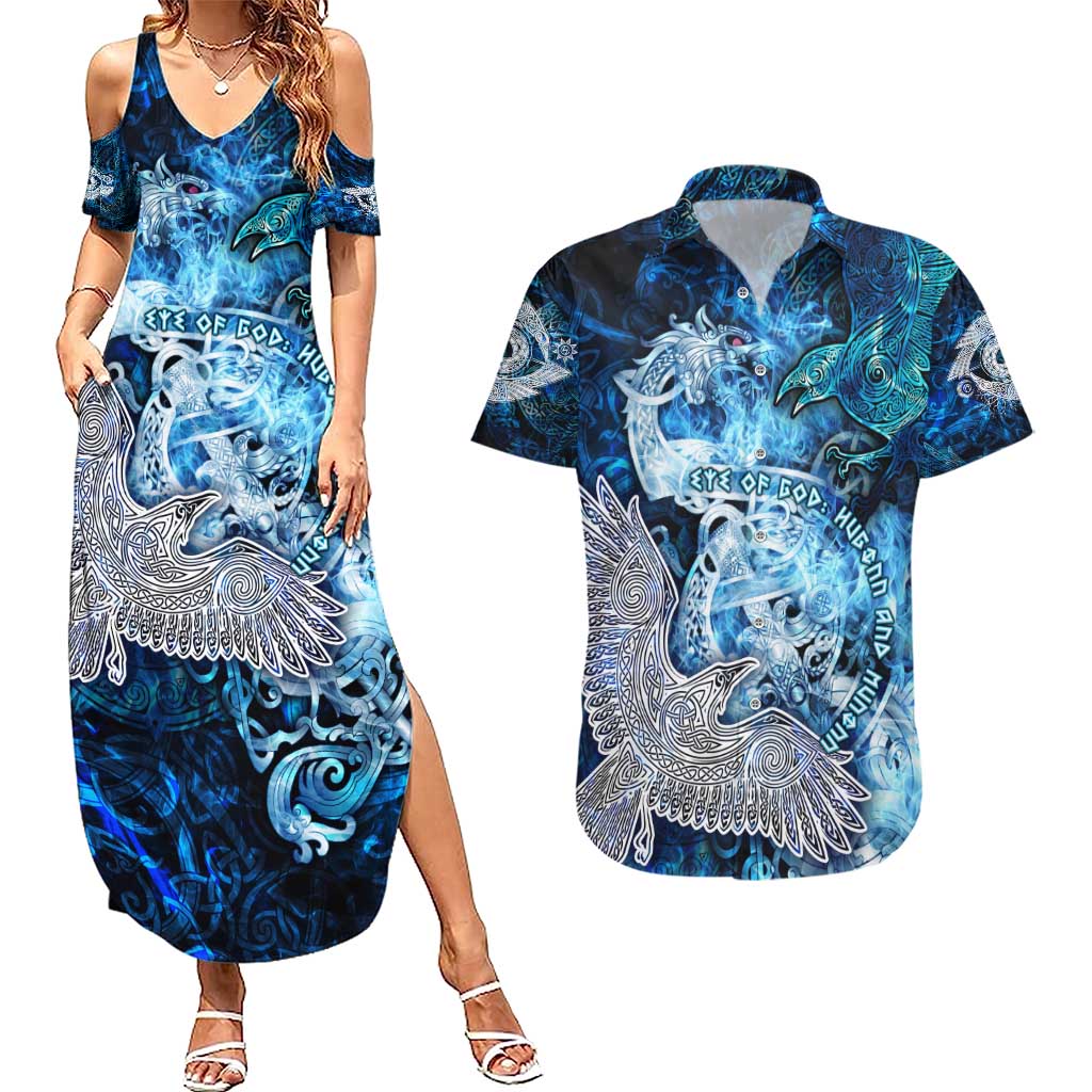 Eye of God Huginn and Muninn Viking Couples Matching Summer Maxi Dress and Hawaiian Shirt Odin Ravens in Frostflame and Runeflight Style