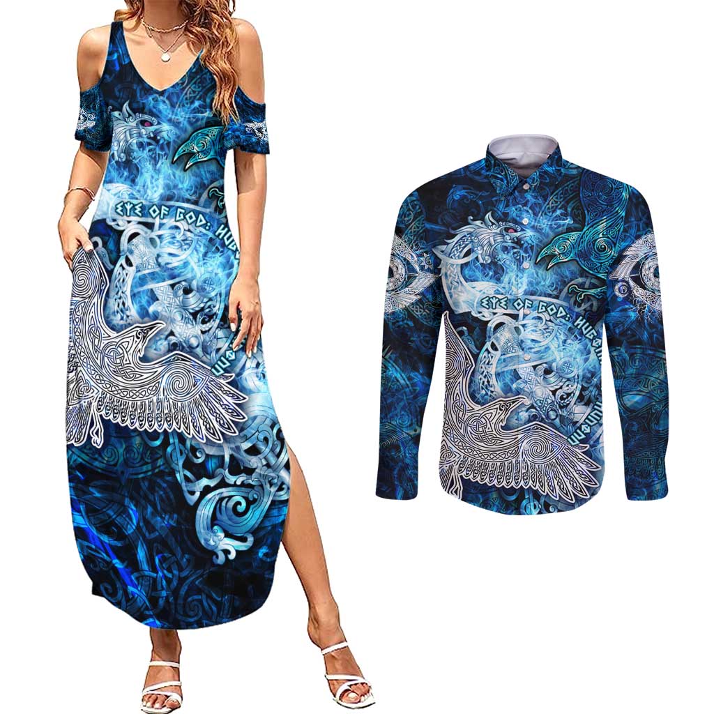 Eye of God Huginn and Muninn Viking Couples Matching Summer Maxi Dress and Long Sleeve Button Shirt Odin Ravens in Frostflame and Runeflight Style