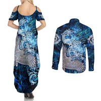 Eye of God Huginn and Muninn Viking Couples Matching Summer Maxi Dress and Long Sleeve Button Shirt Odin Ravens in Frostflame and Runeflight Style