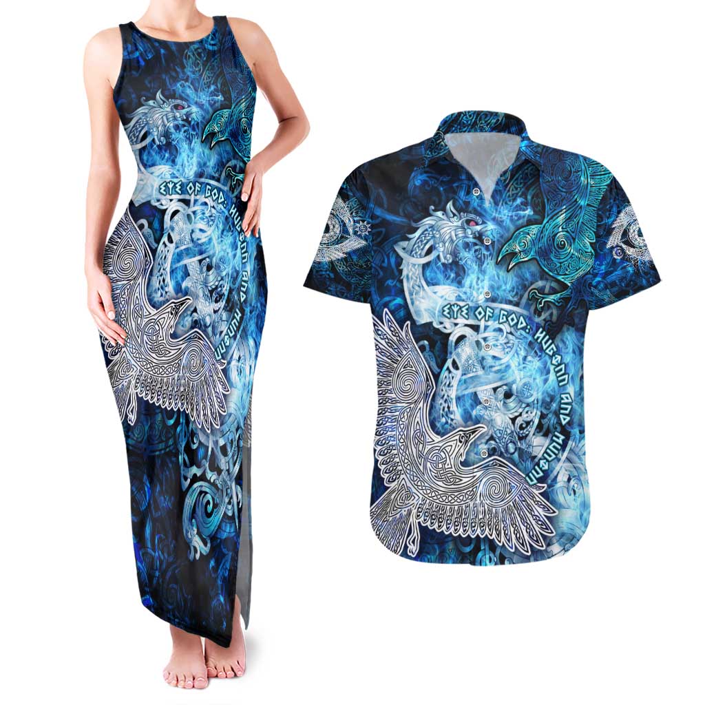 Eye of God Huginn and Muninn Viking Couples Matching Tank Maxi Dress and Hawaiian Shirt Odin Ravens in Frostflame and Runeflight Style