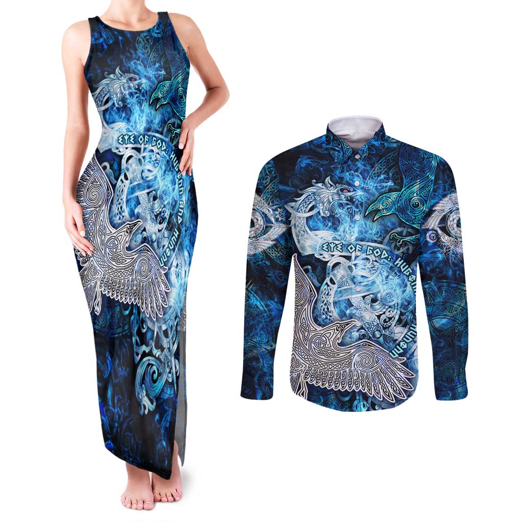 Eye of God Huginn and Muninn Viking Couples Matching Tank Maxi Dress and Long Sleeve Button Shirt Odin Ravens in Frostflame and Runeflight Style