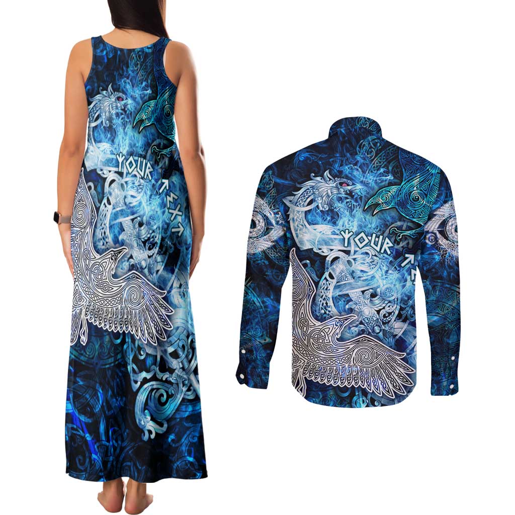 Eye of God Huginn and Muninn Viking Couples Matching Tank Maxi Dress and Long Sleeve Button Shirt Odin Ravens in Frostflame and Runeflight Style