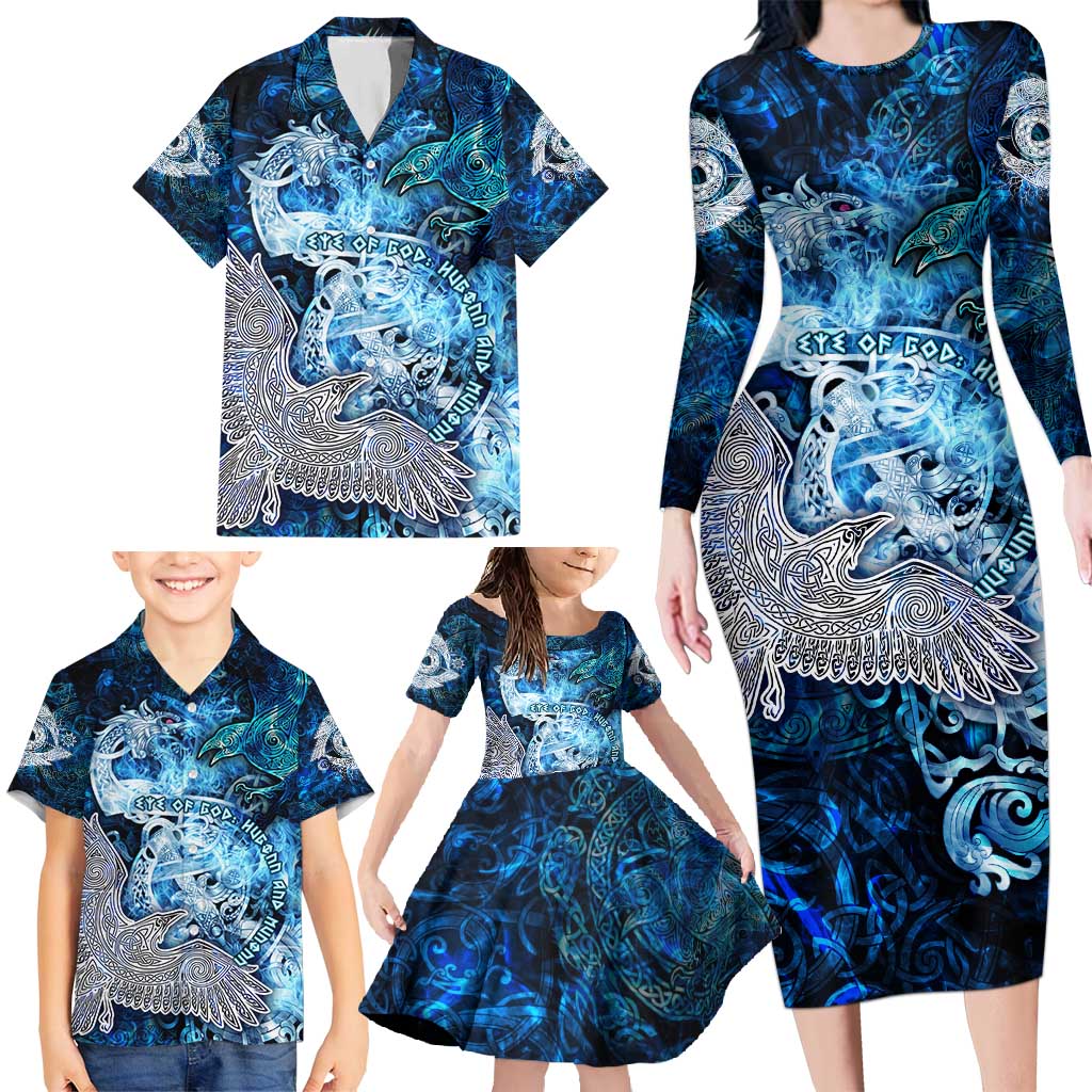 Eye of God Huginn and Muninn Viking Family Matching Long Sleeve Bodycon Dress and Hawaiian Shirt Odin Ravens in Frostflame and Runeflight Style
