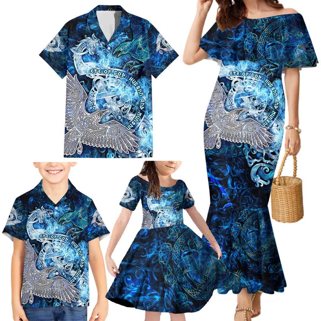 Eye of God Huginn and Muninn Viking Family Matching Mermaid Dress and Hawaiian Shirt Odin Ravens in Frostflame and Runeflight Style