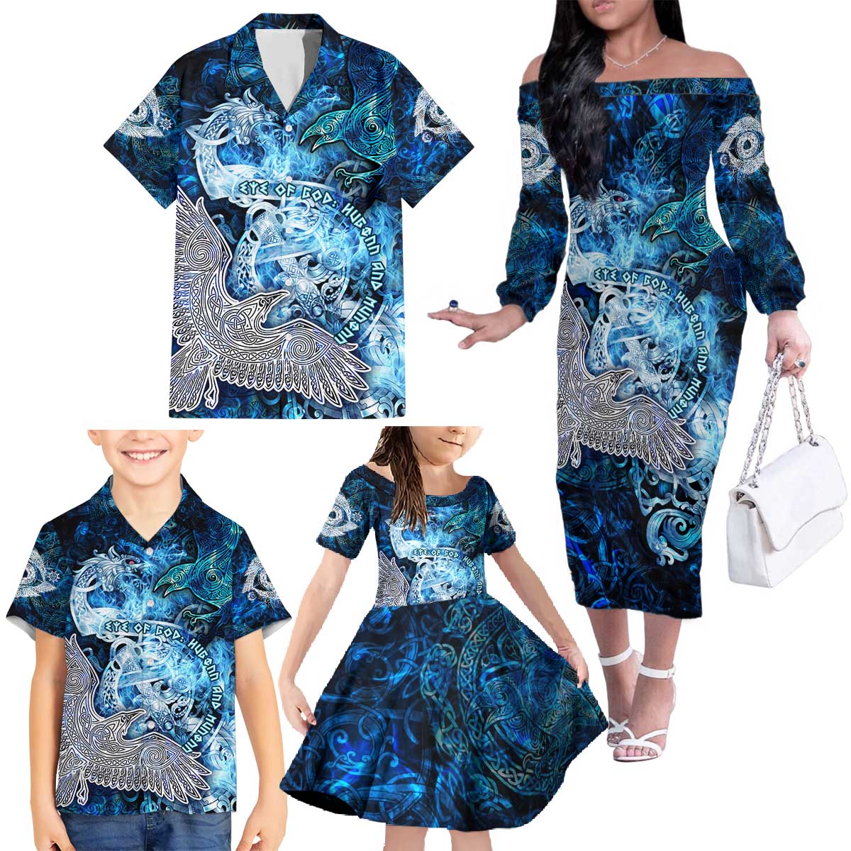 Eye of God Huginn and Muninn Viking Family Matching Off The Shoulder Long Sleeve Dress and Hawaiian Shirt Odin Ravens in Frostflame and Runeflight Style
