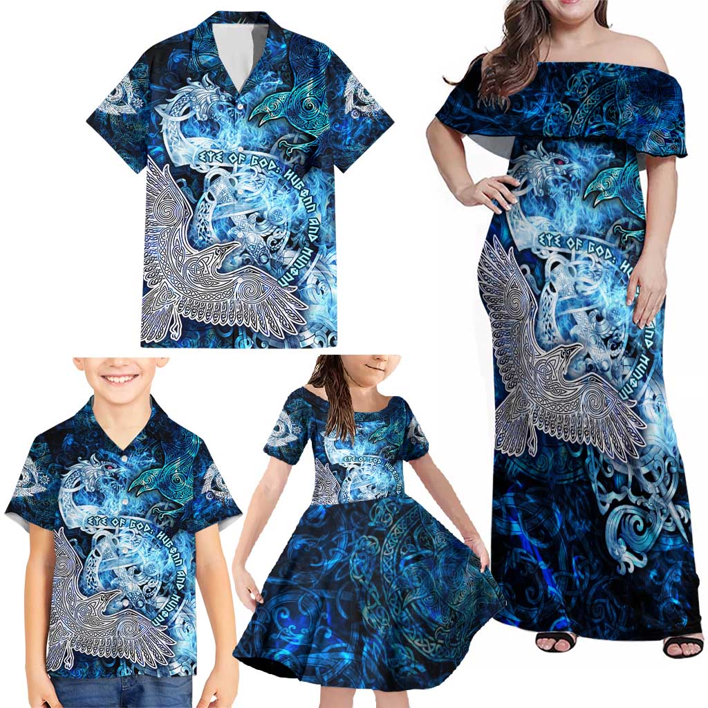 Eye of God Huginn and Muninn Viking Family Matching Off Shoulder Maxi Dress and Hawaiian Shirt Odin Ravens in Frostflame and Runeflight Style