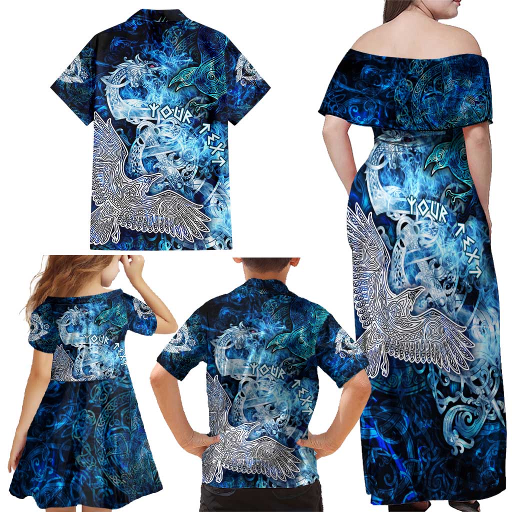 Eye of God Huginn and Muninn Viking Family Matching Off Shoulder Maxi Dress and Hawaiian Shirt Odin Ravens in Frostflame and Runeflight Style